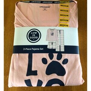 Life is Good Pajama Set  Womens Medium Pink Puppy Dog Paw Print Shorts Pants